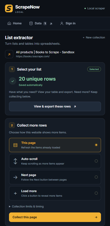 ScrapeNow side panel showing 20 unique rows and options for this page, auto-scroll, next page and load more