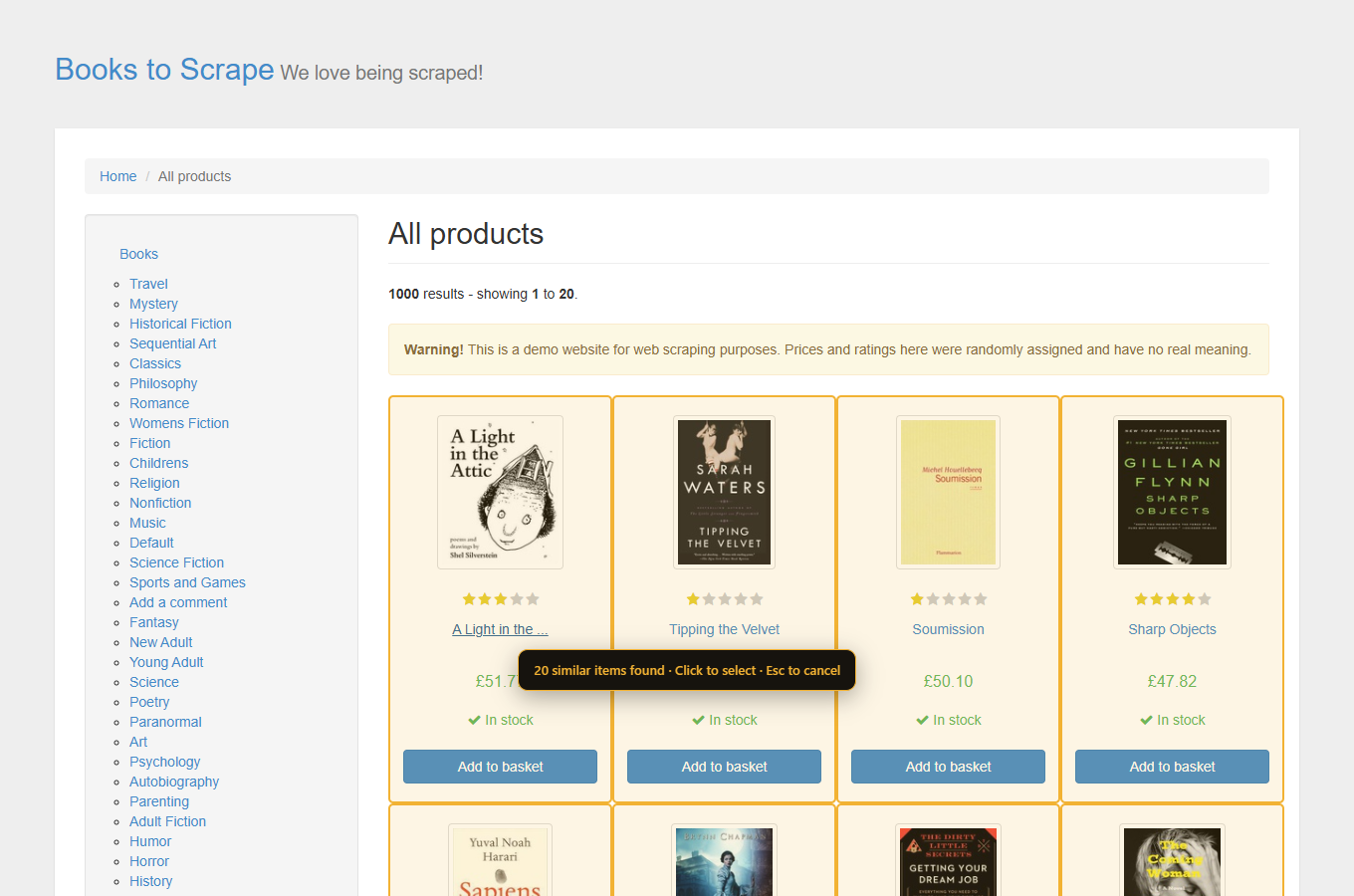 Product cards outlined in amber with a tooltip saying 20 similar items found